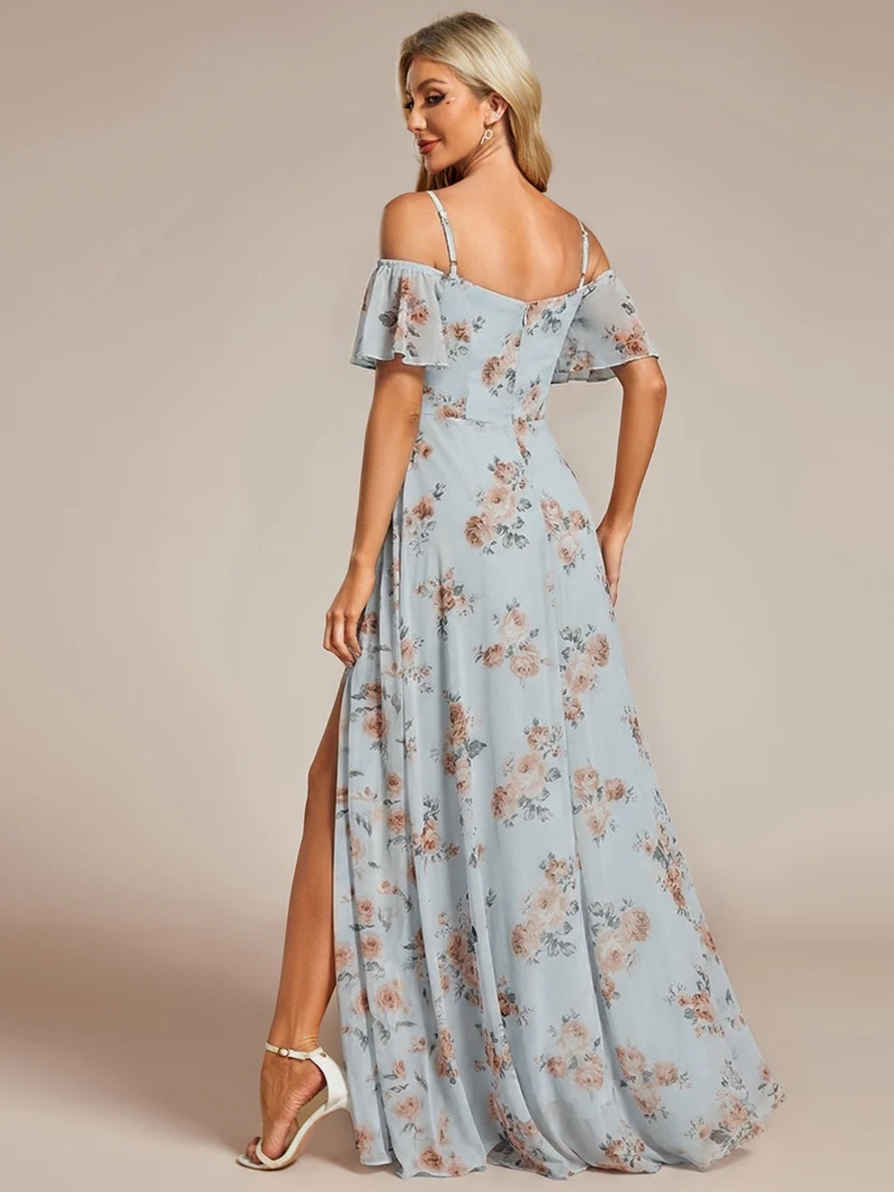 🆕 Stylish Cold Shoulder Flare Sleeves Flowy Bridesmaid Dress - Picture 2 of 3